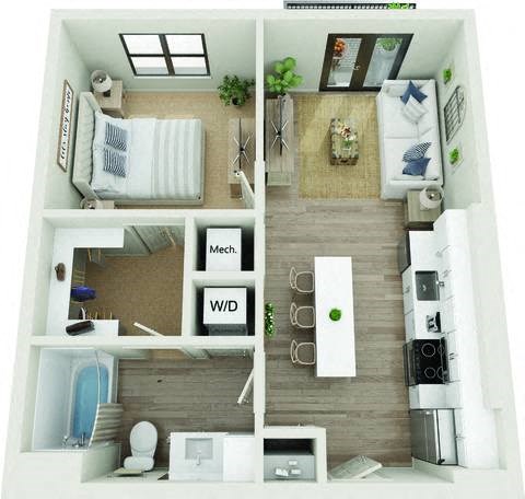 Floor plan for 1 bed, 1 bath, 624 sqft